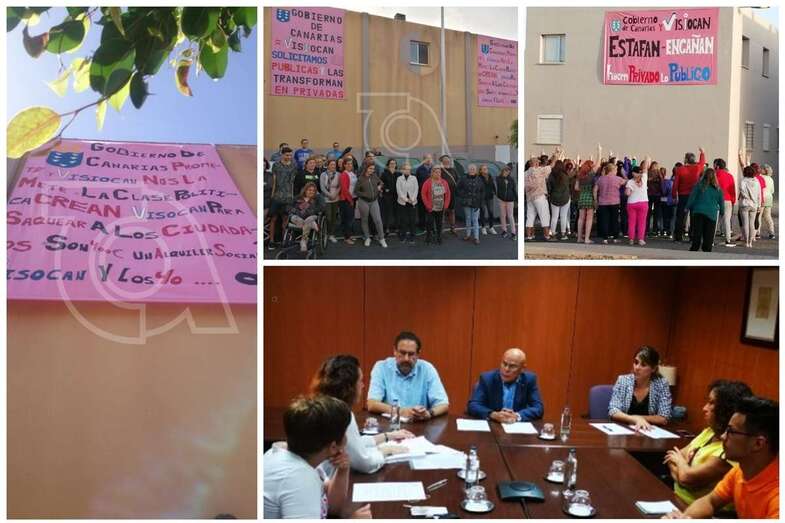 Reunión entre el diputado del Común, Rafael Yánez, y la Plataforma Vecinal Vivienda Sociales en Lucha y protestas en Telde de los inquilinos de pisos de Visocan (Foto TA)